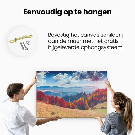 Canvas schilderij ophangen Kleurrijke Herfstbos Met Heuvellandschap