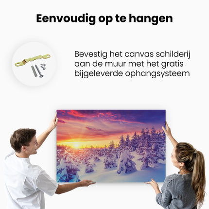 Canvas schilderij ophangen Zonsondergang In Het Sneeuw Bos 