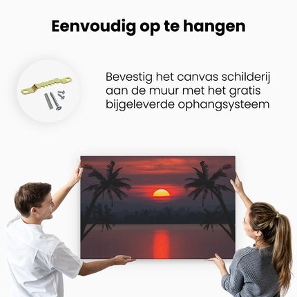 Canvas schilderij ophangen Zonsondergang Op Het Strand Met Palmbomen