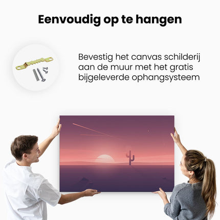 Canvas schilderij ophangen Zonsondergang In De Woestijn Met Een Cactus