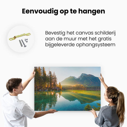 Canvas schilderij ophangen Zonsopgang Bij Het Meer In De Herfst