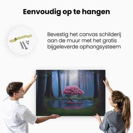 Canvas schilderij ophangen Roze Boom Op Een Vijver In De Nacht