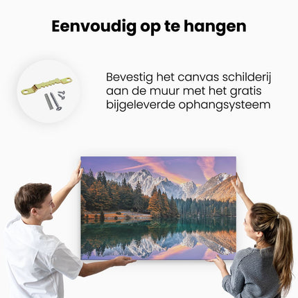 Canvas schilderij ophangen Meer Met Weerspiegeling Van De Bergen