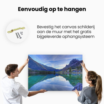 Canvas schilderij ophangen Meer Met Weerkaatsing In De Bergen