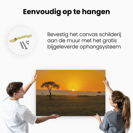 Canvas schilderij ophangen Zonsopgang In De Savanne Met Een Boom