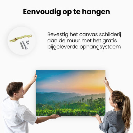 Canvas schilderij ophangen Zonsondergang Op Een Thee Plantage 