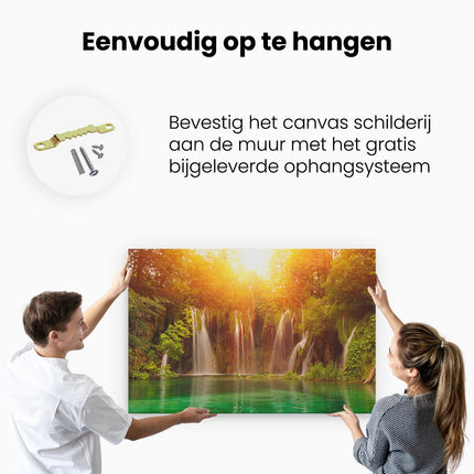 Canvas schilderij ophangen Watervallen Bij Het Groene Meer Met Zon