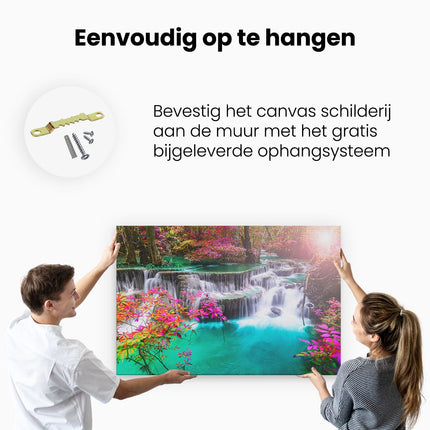 Canvas schilderij ophangen Waterval In De Herfst Met Kleurrijke Bloemen