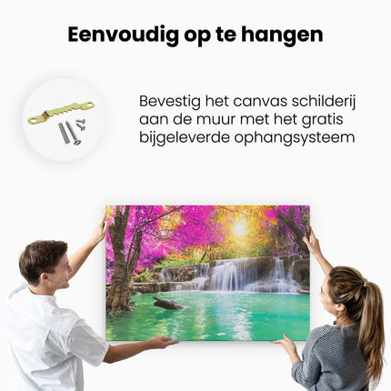 Canvas schilderij ophangen Waterval Met Groen Water En Roze Bladeren