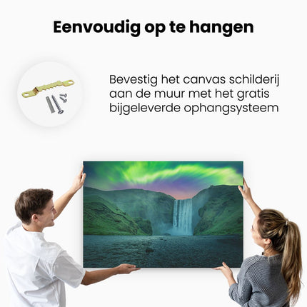 Canvas schilderij ophangen Waterval Met Het Groene Noorderlicht