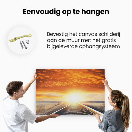 Canvas schilderij ophangen Rails Spoorweg Bij Zonsondergang