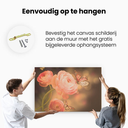 Canvas schilderij ophangen Twee Roze Vlinders Bij Roze Rozen