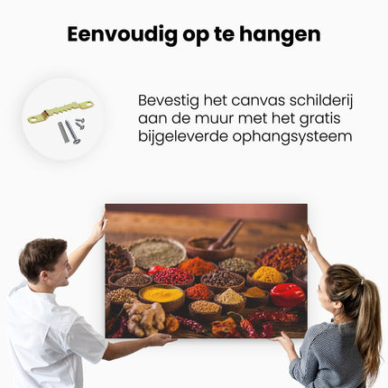 Canvas schilderij ophangen Diverse Kleurrijke Kruiden Op Tafel