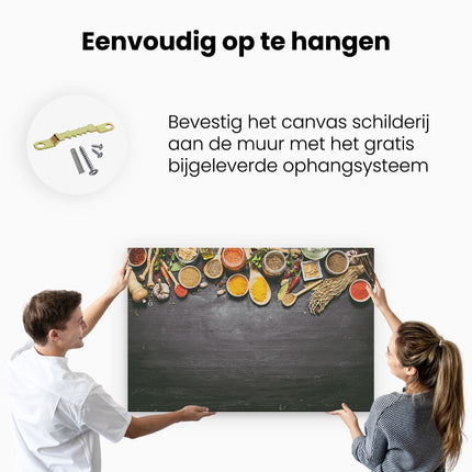 Canvas schilderij ophangen Indiase Kruiden Op Een Zwarte Tafel