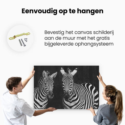 Canvas schilderij ophangen Twee Zebra's - Zwart Wit