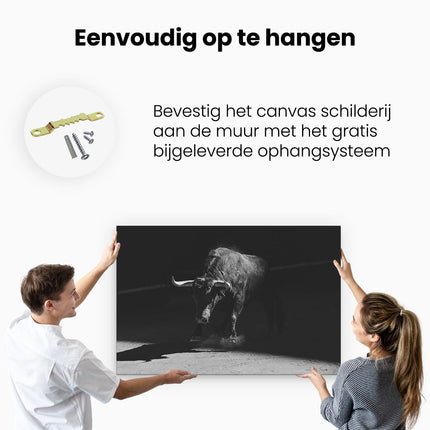 Canvas schilderij ophangen Stier In De Arena - Zwart Wit