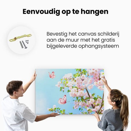 Canvas schilderij ophangen Twee Roze Vlinders Bij Roze Bloesem Bloemen