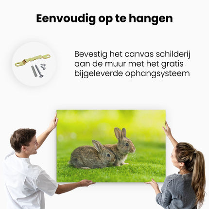 Canvas schilderij ophangen Twee Konijnen Op Het Groene Gras