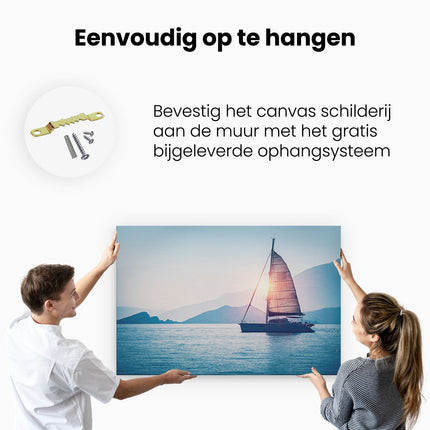 Canvas schilderij ophangen Zeilboot bij Zonsondergang