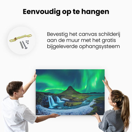 Canvas schilderij ophangen Noorderlicht bij de Watervallen in IJsland