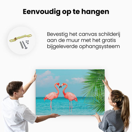 Canvas schilderij ophangen Twee Flamingo's in een Hart Vorm in het Water