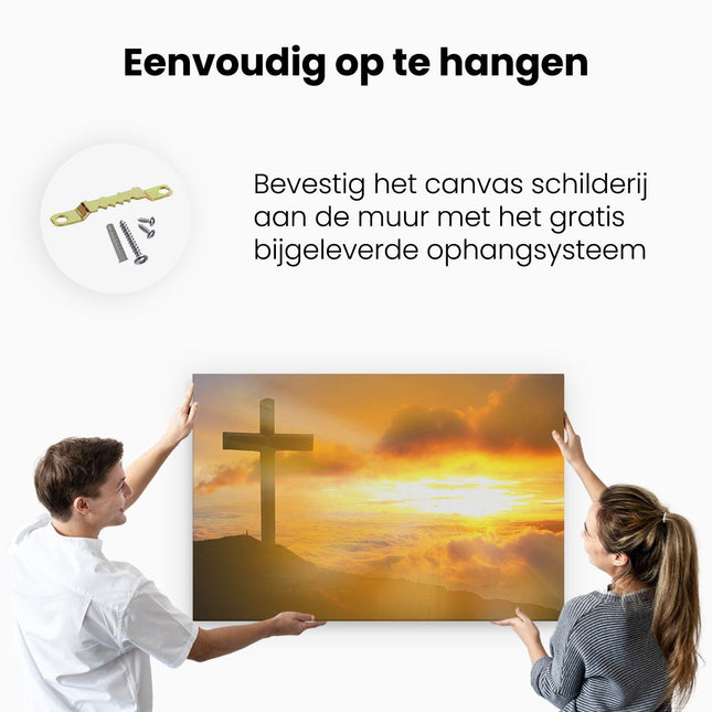 Canvas schilderij ophangen Kruis van Jezus Christus bij Zonsondergang
