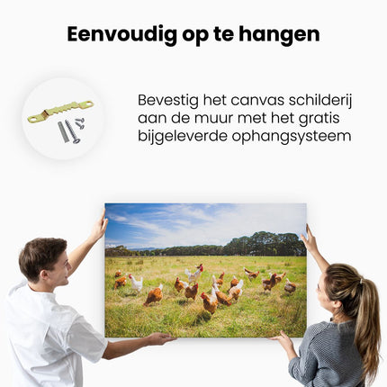 Canvas schilderij ophangen Kippen in het Gras