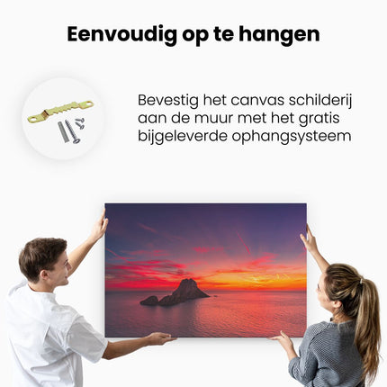 Canvas schilderij ophangen Ibiza Rotsen Eiland bij Zonsondergang