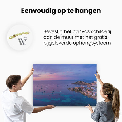 Canvas schilderij ophangen Ibiza met Boten op het Water bij Zonsopgang