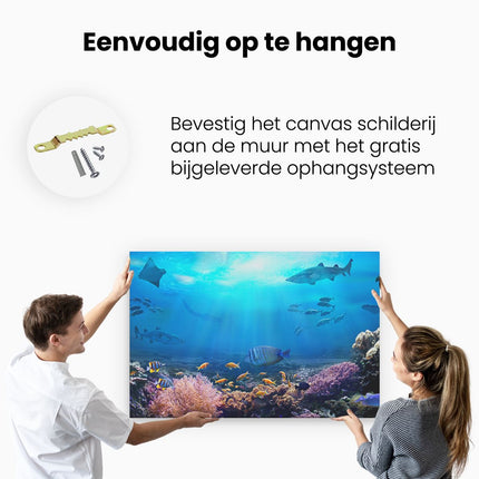 Canvas schilderij ophangen Vissen met Haaien in de Oceaan met Koraalrif