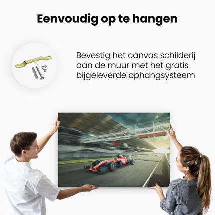 Canvas schilderij ophangen Formule 1 Auto bij de Finish in het Rood