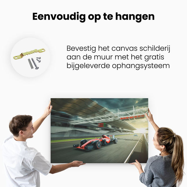 Canvas schilderij ophangen Formule 1 Auto bij de Finish in het Rood