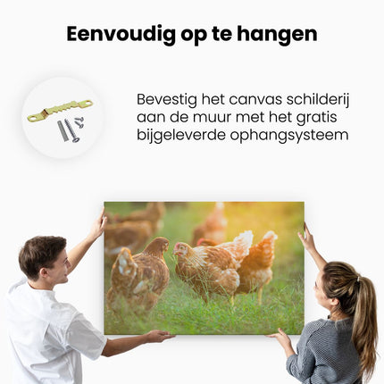 Canvas schilderij ophangen Kippen op het Gras 