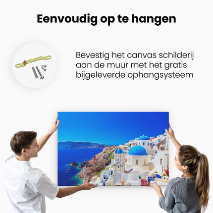 Canvas schilderij ophangen Blauwe Huizen met Koepels in Griekenland