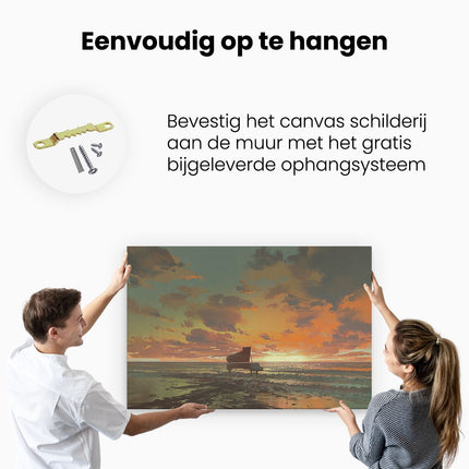 Canvas schilderij ophangen Piano op het Strand bij Zonsondergang