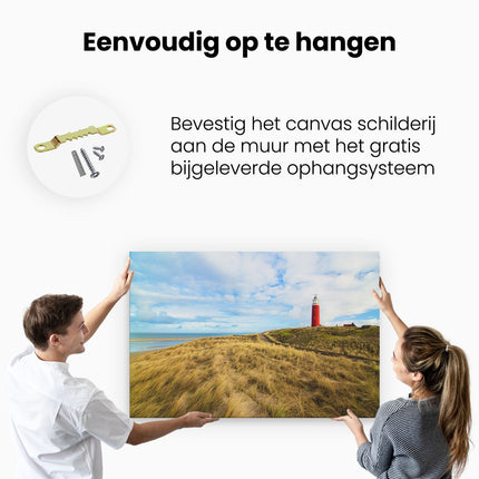 Canvas schilderij ophangen Vuurtoren met Duinen in Texel