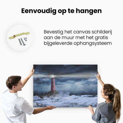 Canvas schilderij ophangen Vuurtoren op een Storm Zee met Golfen Water