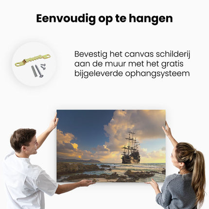 Canvas schilderij ophangen Piratenschip aan de Kust bij Zonsondergang