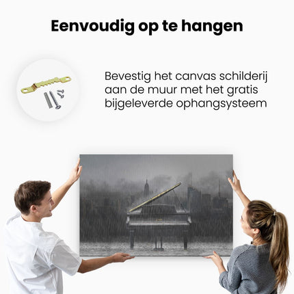 Canvas schilderij ophangen Piano in de Regen voor een Stad
