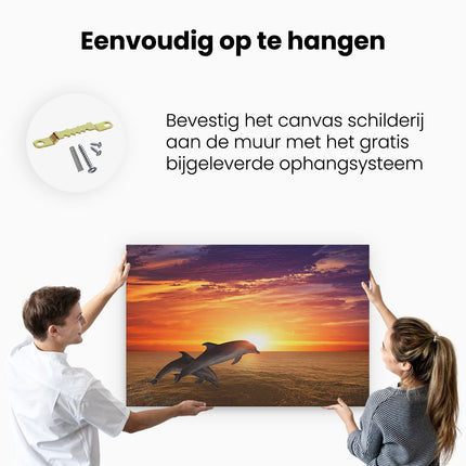 Canvas schilderij ophangen Twee Dolfijnen bij de Zonsondergang