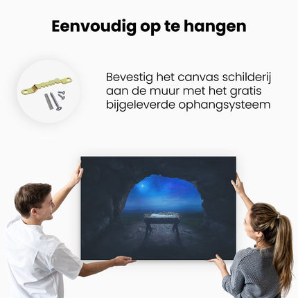 Canvas schilderij ophangen Kribbe in een Grot onder de Ster Van Bethlehem