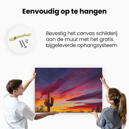 Canvas schilderij ophangen Cactus bij Oranje Zonsondergang