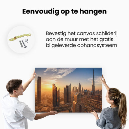 Canvas schilderij ophangen Dubai Stad bij Zonsopgang