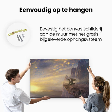 Canvas schilderij ophangen Draak op een Rots bij Zonsondergang