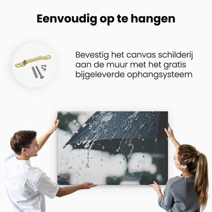Canvas schilderij ophangen Zwarte Paraplu met Regen Druppels