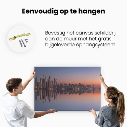 Canvas schilderij ophangen Skyline Dubai Stad bij Zonsondergang