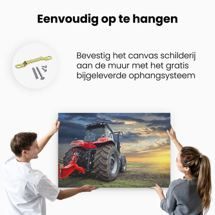 Canvas schilderij ophangen Rode Tractor bij Zonsondergang - Trekker