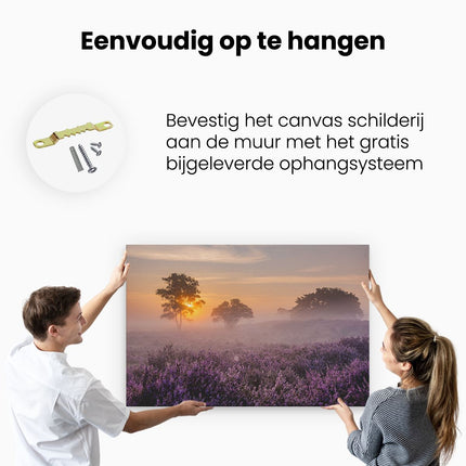 Canvas schilderij ophangen Weide in de Veluwe bij Zonsondergang