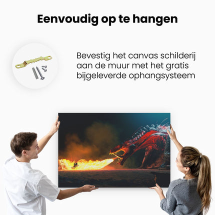 Canvas schilderij ophangen Draak Spuwt Vuur op een Paard en Knecht