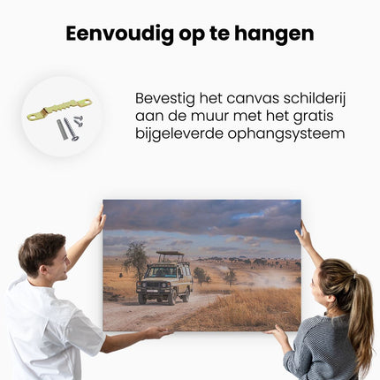 Canvas schilderij ophangen Safari Auto in de Savanne